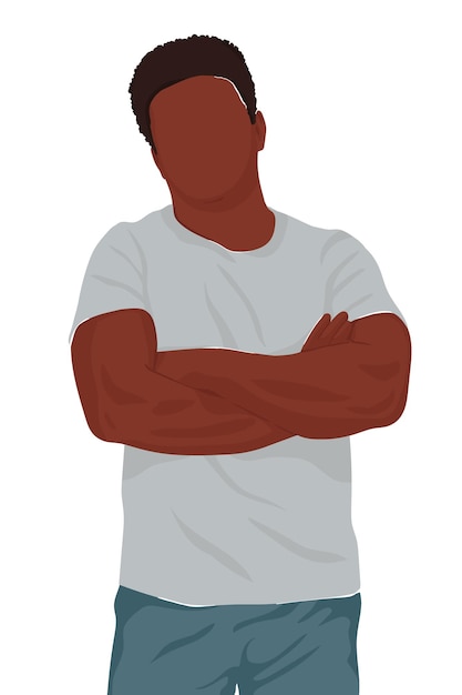 A black man stands facing us with his arms folded Vector flat illustration