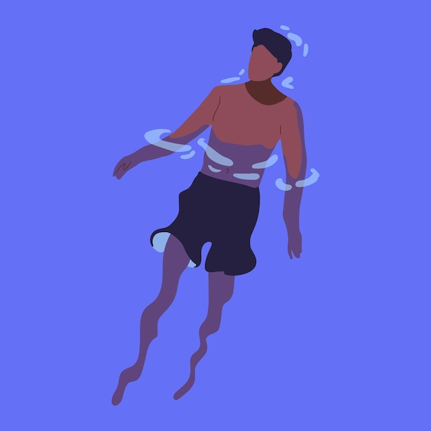 Black man in trunks floating in water Person swimmer swimming on back relaxing on summer vacation above view AfricanAmerican guy in shorts at sea resort Flat vector illustration