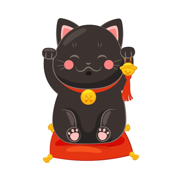 Vector black manekineko cat with raised right paw ringing bell as ceramic japanese figurine bringing good luck vector illustration