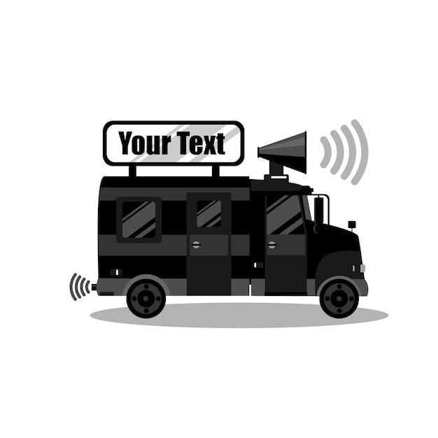 Black mini truck with an inscription on the roof and a loudspeaker illustration for announcements