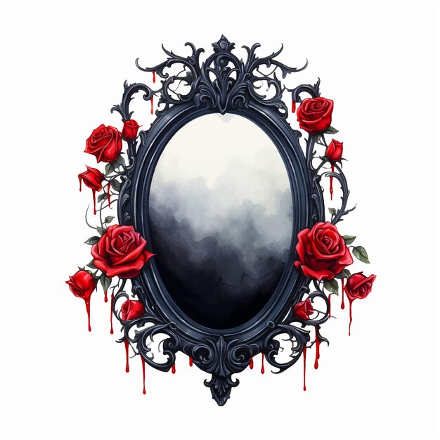 Vector black mirror surrounded by red roses watercolor paint