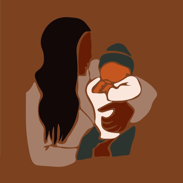 Black mother lifting up baby in line art style vector