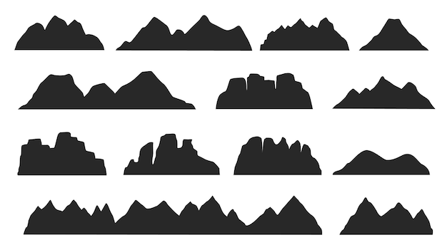 Black mountain ridge landscape silhouette, rocky terrain elements. Mountains peaks, hills, icebergs outdoor landscape silhouettes vector set. Nature cliffs and volcano shape for logo