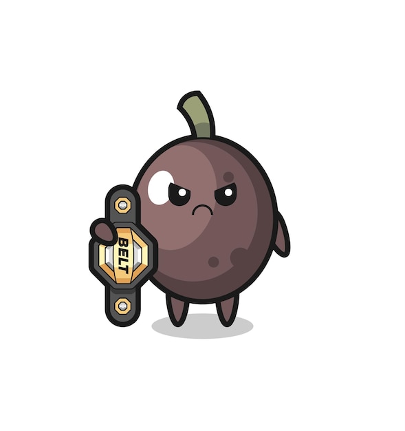 Black olive mascot character as a MMA fighter with the champion belt