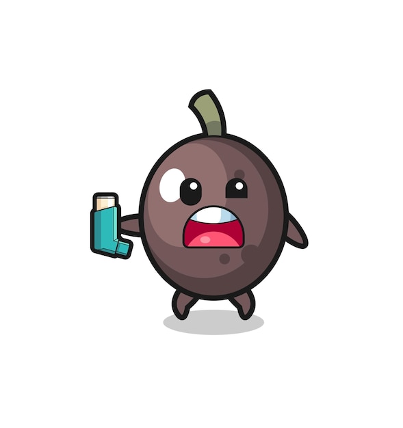 Black olive mascot having asthma while holding the inhaler  cute design