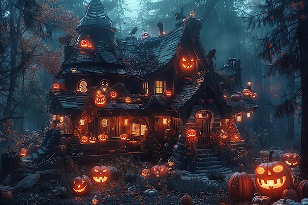 Black and orange house with Halloween theme 3d illustration