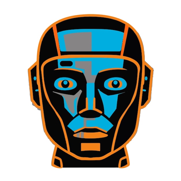 a black and orange image of a robot with eyes open and a blue and orange background