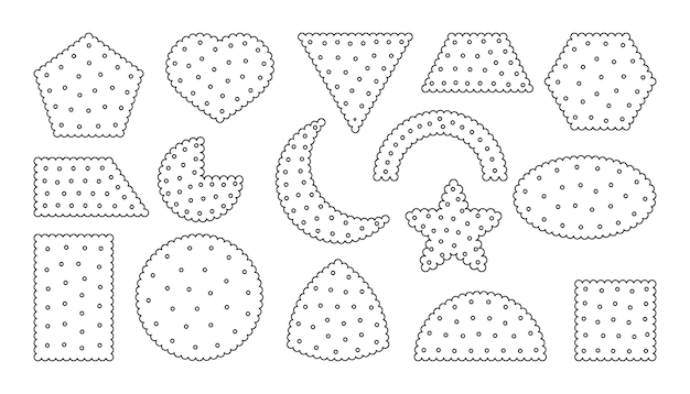 Black outline biscuit icons set contour template snack cracker collection tasty food cookies different shapes top view circle square heart pastry cookie isolated on white vector illustration