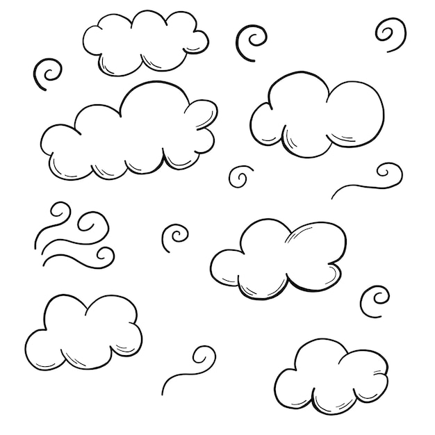 Black outline doodle clouds set with swirls