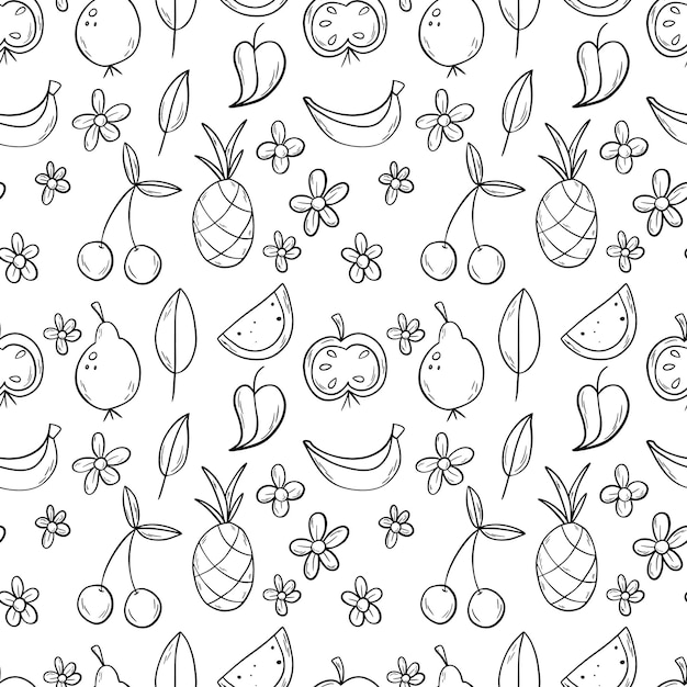 Black outline doodle fruit seamless pattern with pineapple apple pear watermelon banana cherry