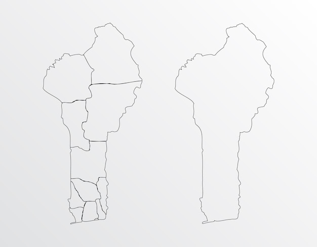 Black Outline vector Map of Benin with regions