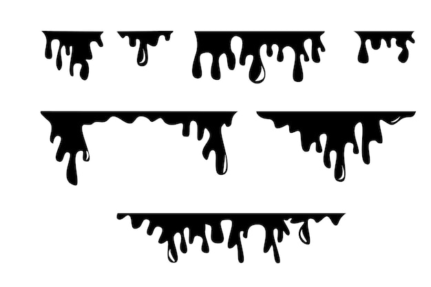 Black paint oil dripping graphic elements. Current inks paint down liquid. Paint flows. Vector illustration.