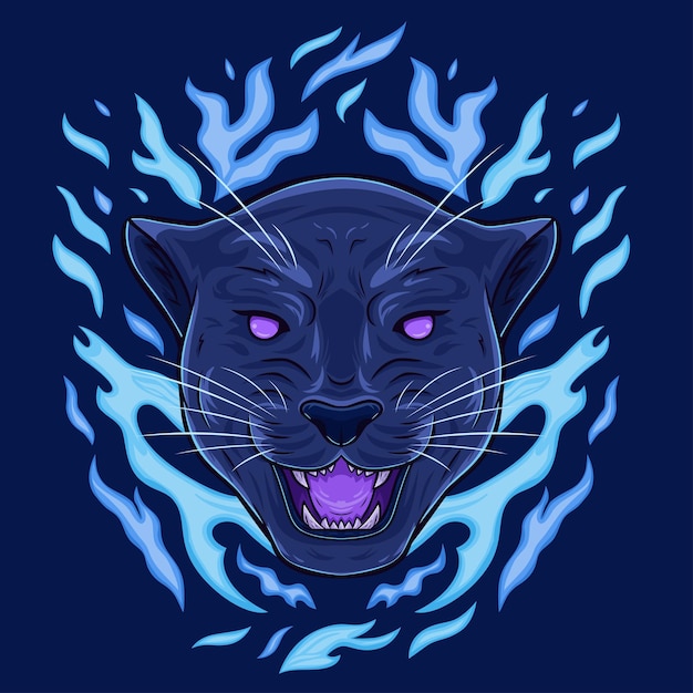 Black panther head with blue flames