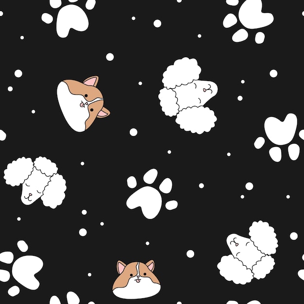 Black pattern with cute funny happy dogs White paws prints baby and pets for children