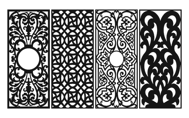 Black patterns with white background, Islamic vectors with floral panels for CNC laser cutting