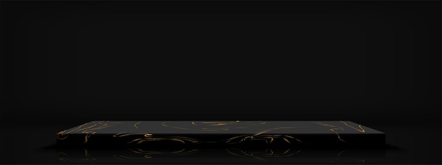 Black pedestal with marble patterns in luxury design for product display on dark black background.