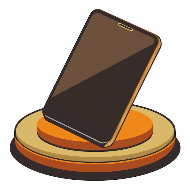 a black phone on a round stand with a brown cover