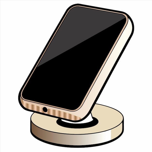 a black phone with a gold base and a silver frame