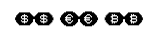 Black pixel glasses with dollar euro and bitcoin Like a boss meme Mafia gangster funky logo Vector illustration graphic design