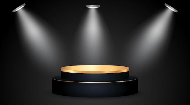 Black podium on light background with spotlights illuminated illustration