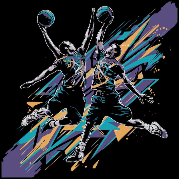 a black and purple picture of two basketball players