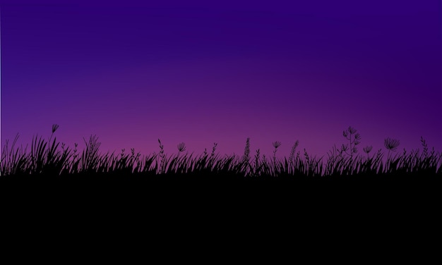 Black purple yellow gradient sunset sky with silhouette tree grass background illustration