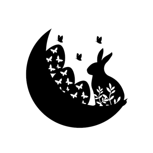 A black rabbit sleeping on a moon with butterflies on it.