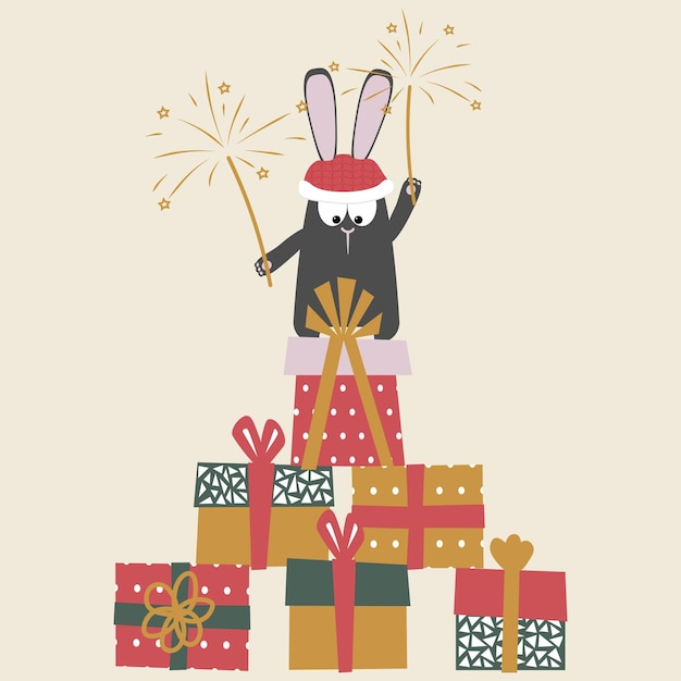 A black rabbit with fireworks stands on a mountain of gifts in the form of a Christmas tree