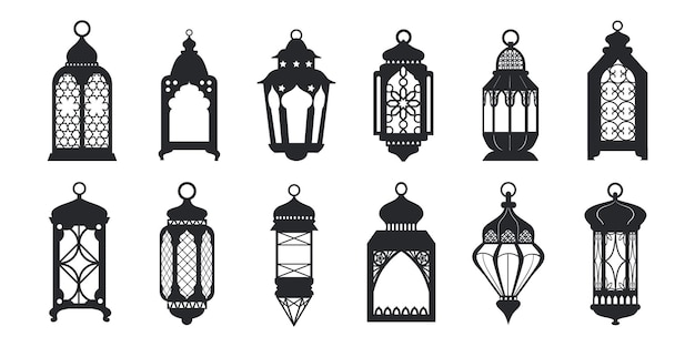 Black ramadan lanterns Fanous line lantern arabic lamps silhouettes vintage egyptian moroccan dubai eastern lamp for islamic mosque or arabian lighting vector illustration of lantern to ramadan