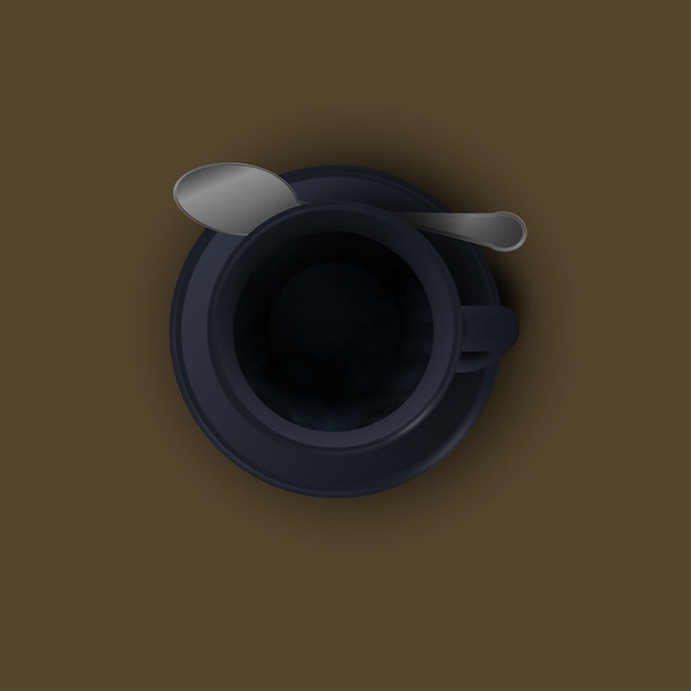 Black realistic coffee cup with smoke isolated on brown background