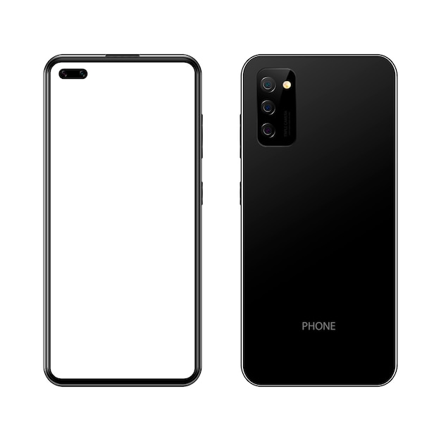 Black realistic modern smartphone, front and back view on isolated background, illustration