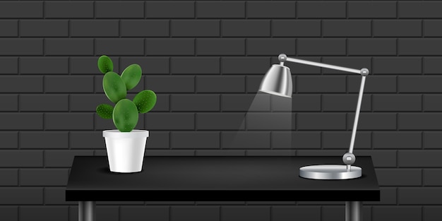 Black realistic table with cactus and lamp, textured wall black.