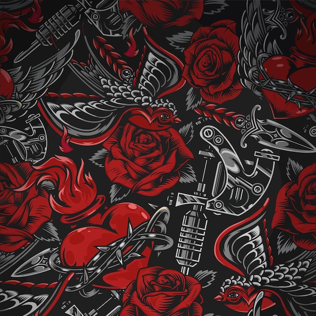 A black and red background with a pattern of roses and swords.