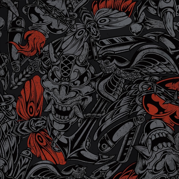 A black and red wallpaper with a black background and a red head with a skull and a dragon head.