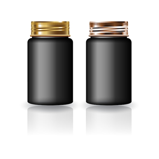 Black round supplements medicine bottle with gold and copper screw lid mockup template