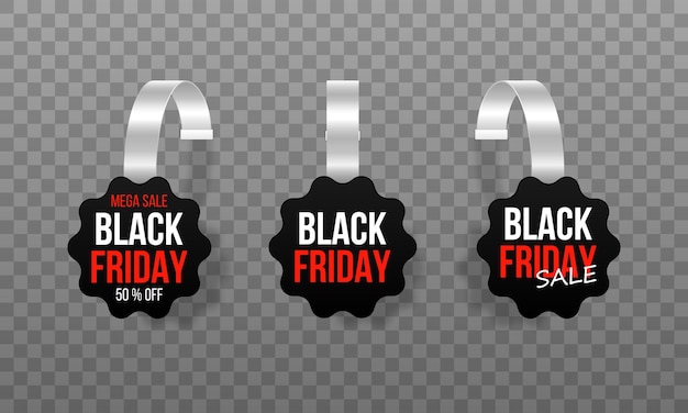 Black sales tags wobblers with text Vector discount sticker special offer plastic price banner