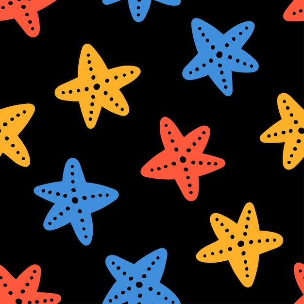 Black seamless pattern with colorful sea star.