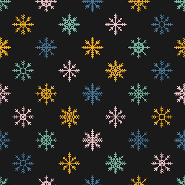 Black seamless pattern with colorful snowflakes