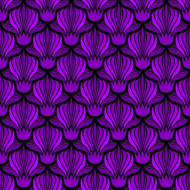 BLACK SEAMLESS VECTOR ART NOUVEAU BACKGROUND WITH LILAC FLOWERS