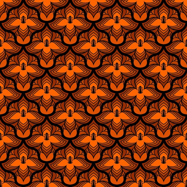 BLACK SEAMLESS VECTOR ART NOUVEAU BACKGROUND WITH ORANGE FLOWERS