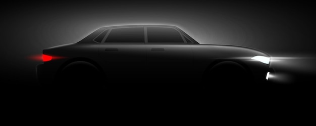 Black sedan car silhouette with head lights on a dark night background vector illustration