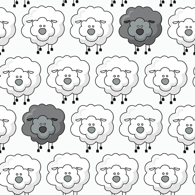 A black sheep among the herd of white sheep Seamless pattern