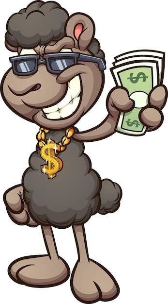 Black sheep wearing a dollar sign golden pendant cartoon and holding paper bills