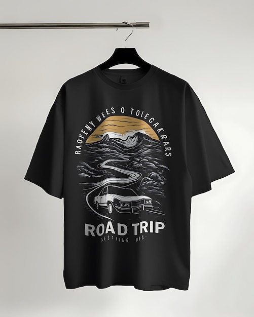 a black shirt with a picture of a road trip