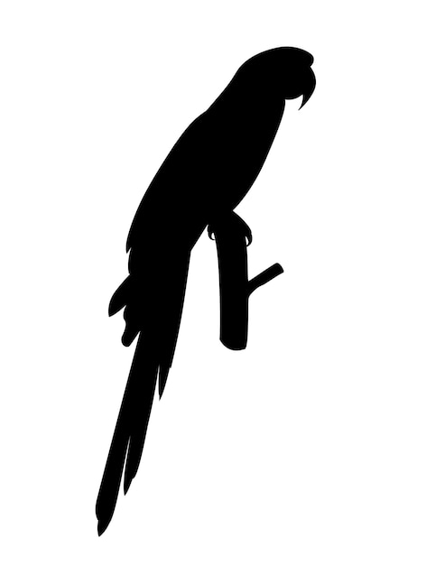 Black silhouette adult parrot of red-and-green macaw Ara sitting on a branch (Ara chloropterus) cartoon bird design flat vector illustration isolated on white background.