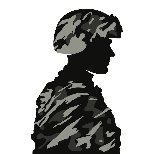 Black silhouette of an american soldier in profile camouflage coloring of the uniform