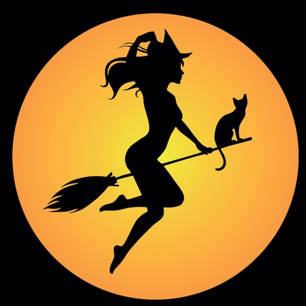 Black silhouette of a beautiful glamour witch flying on a broomstick Halloween illustration