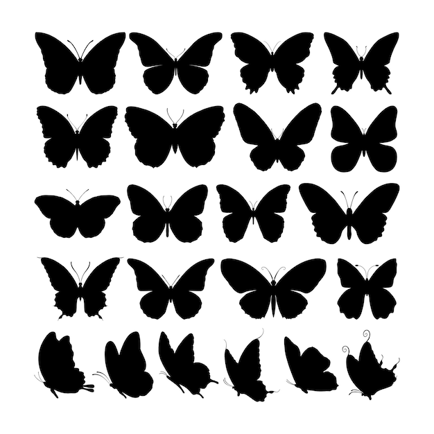 A black silhouette of butterflies on a white background