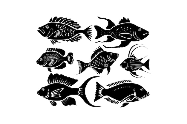 Black Silhouette Collection of Tropical Fish Vector illustration design