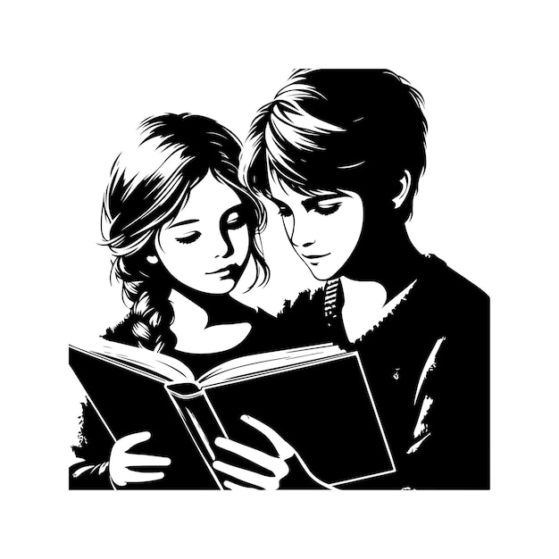 Vector black silhouette couple look at the book vector